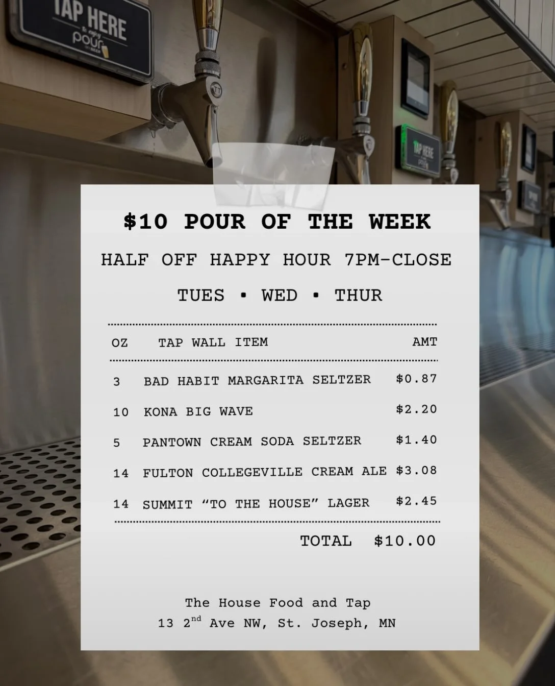 $10 POUR OF THE WEEK! 

5 different pours. 46 ounces. Just $10. 👀

Including the infamous Craig Special - Kona Big Wave + Bad Habit Margarita Seltzer.

All 30 taps are HALF PRICE every Tuesday&ndash;Thursday from 7PM&ndash;close.

Because college bu