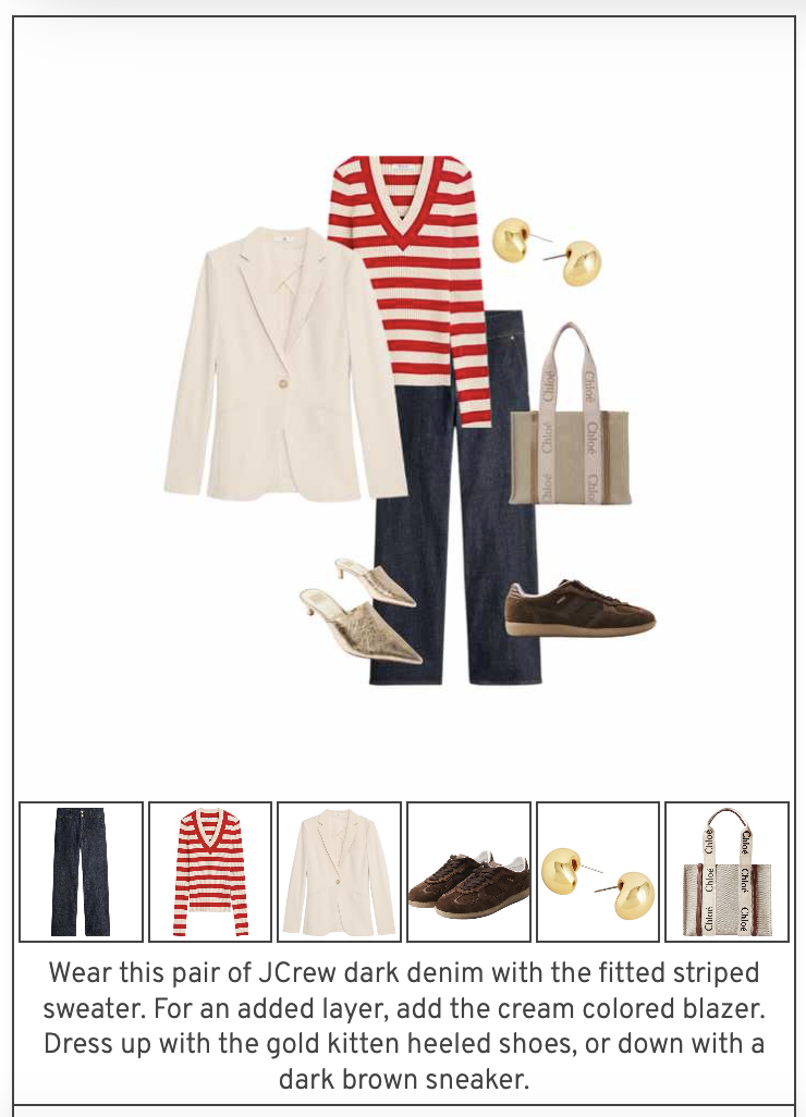 Fashion collage featuring a cream blazer, red and white striped sweater, dark denim jeans, gold stud earrings, beige handbag, brown sneakers, and gold kitten-heeled shoes.