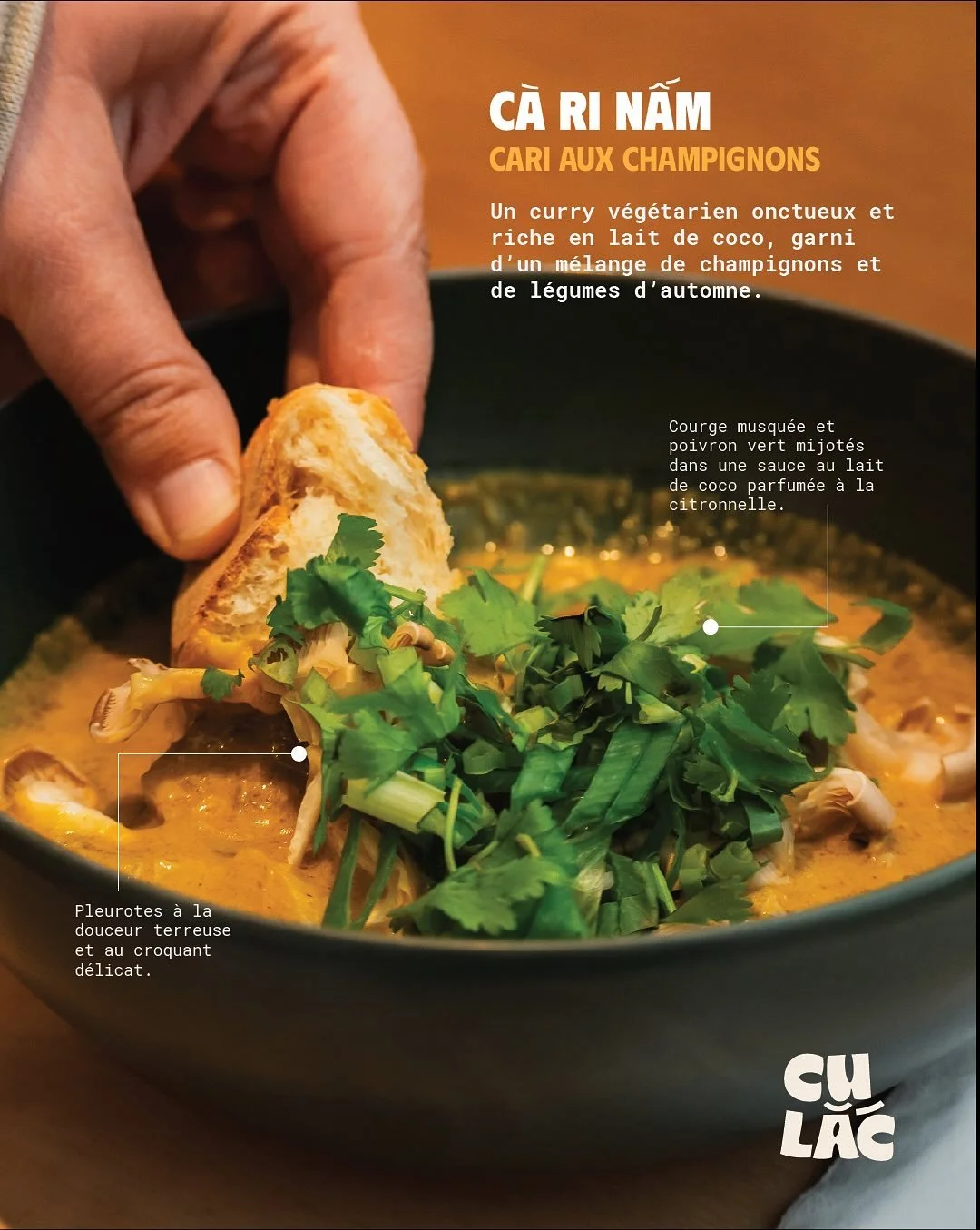 &Agrave; nos ami.e.s v&eacute;ganes: on a quelque chose de nouveau pour vous! 
Cari aux champignons: fait avec un m&eacute;lange de pleurotes, eryngii et shiitake dans une bouillon au lait de coco aromatis&eacute;e avec la citronnelle. Le r&eacute;co