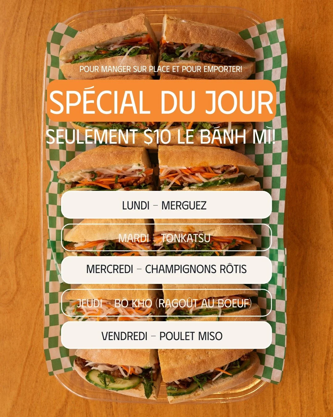 ⚡SP&Eacute;CIAL DE F&Eacute;VRIER⚡
Ta r&eacute;solution de Nouvel An t'a pouss&eacute; &agrave; manger la m&ecirc;me chose tous les jours &agrave; midi&nbsp;? Nos banh mi (et notre rago&ucirc;t!) sont la touche de saveur id&eacute;ale pour ravigoter 