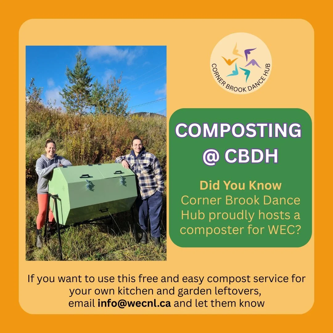 Did You Know Corner Brook Dance Hub proudly hosts a composter for WEC NL?

Not only do we compost our own snack scraps but you can bring your kitchen and garden green to this community composter.

If you come to the Dance Hub regularly, or live in th