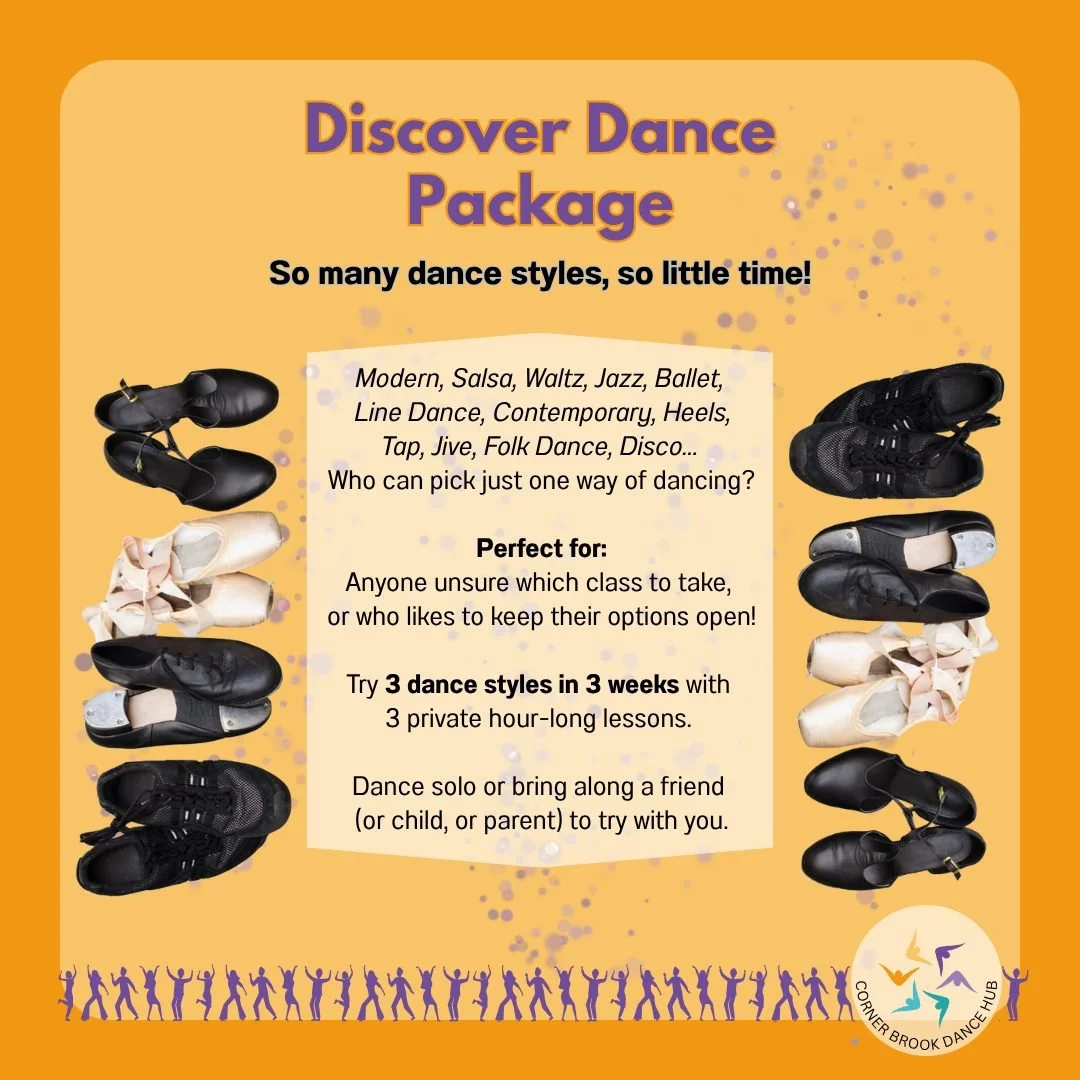 Our Discover Dance Package is designed for the dance-curious who want to groove but don't know which style is best for them. Now, you don't have to choose. 

This package includes 3 intro-lessons in the styles of your choice (or reach out to us and w
