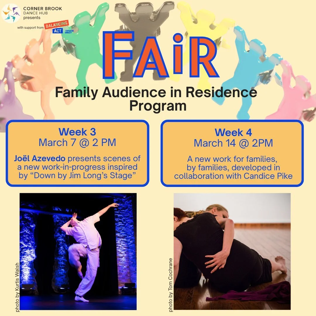 We have two more shows in our Family Audience in Residence (FAiR) Program. March 7th and 14th at 2pm at the Corner Brook Dance Hub.

On March 7th, Jo&euml;l will share scenes from a work-in-development inspired by "Down by Jim Long's Stage"