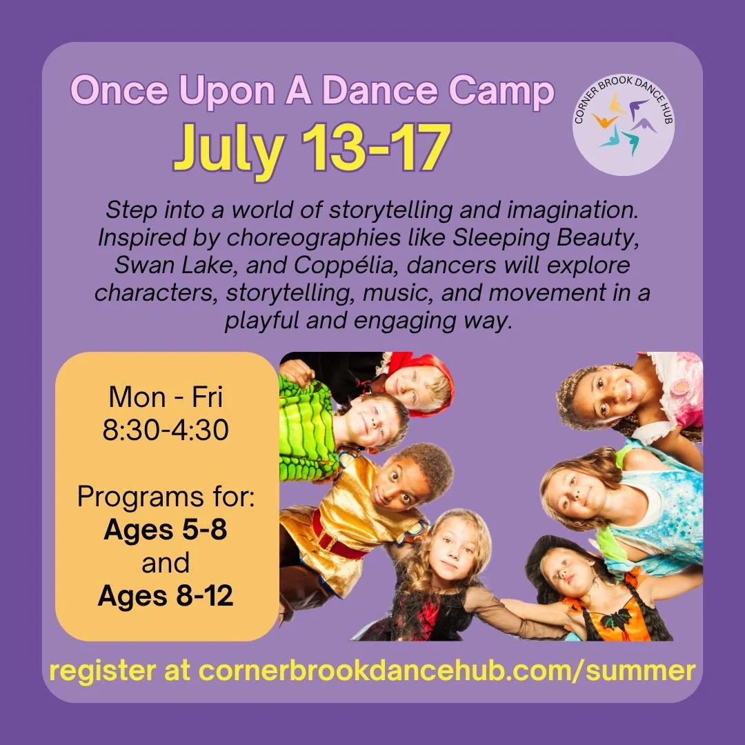 Our first week of camp is Once Upon a Dance Camp July 13-17 (8:30-4:30). This camp takes you into the world of storytelling and imagination. Inspired by choreographies like Sleeping Beauty, Swan Lake, and Copp&eacute;lia, dancers will explore charact