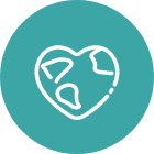 Outline of a globe inside a heart shape on a teal circular background
