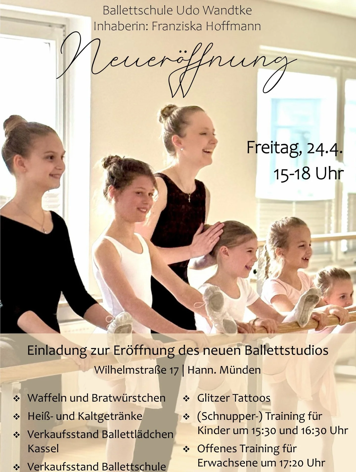 Es gibt Neuigkeiten 😍 Wir feiern die Neuer&ouml;ffnung unseres Ballettstudios am 24.04.2026 zwischen 15-18 Uhr mit einem Tag der offenen T&uuml;r. Es wird Probestunden f&uuml;r Kinder und Erwachsene, Verkaufsst&auml;nde und Glitzer Tattoos geben. F&