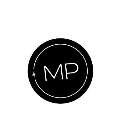 Minimalist logo with the letters 'MP' inside a white circle on a black background, with a small star-like shape next to the circle.