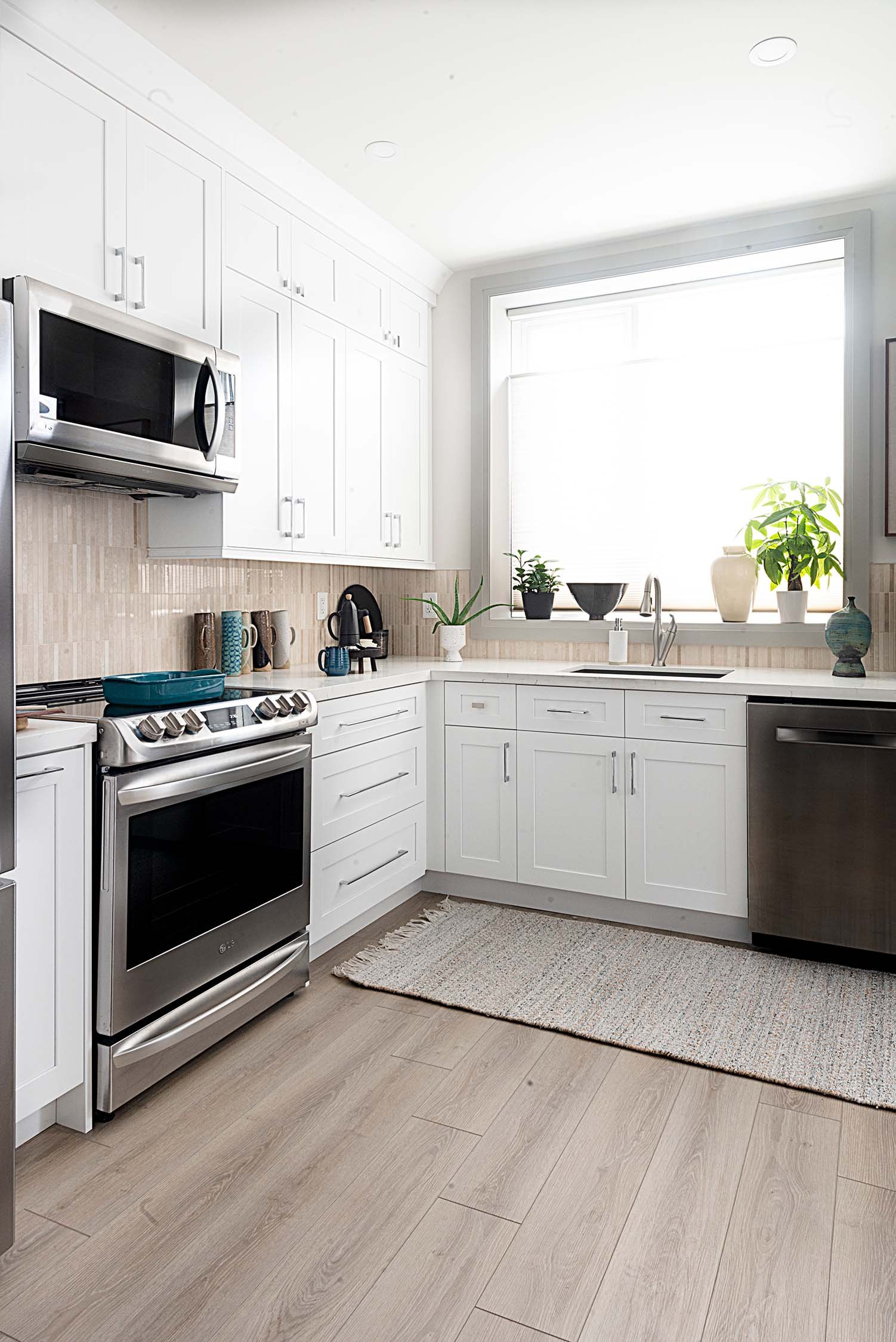 Modern kitchen with white cabinets, stainless steel appliances, and potted plants on the countertop.