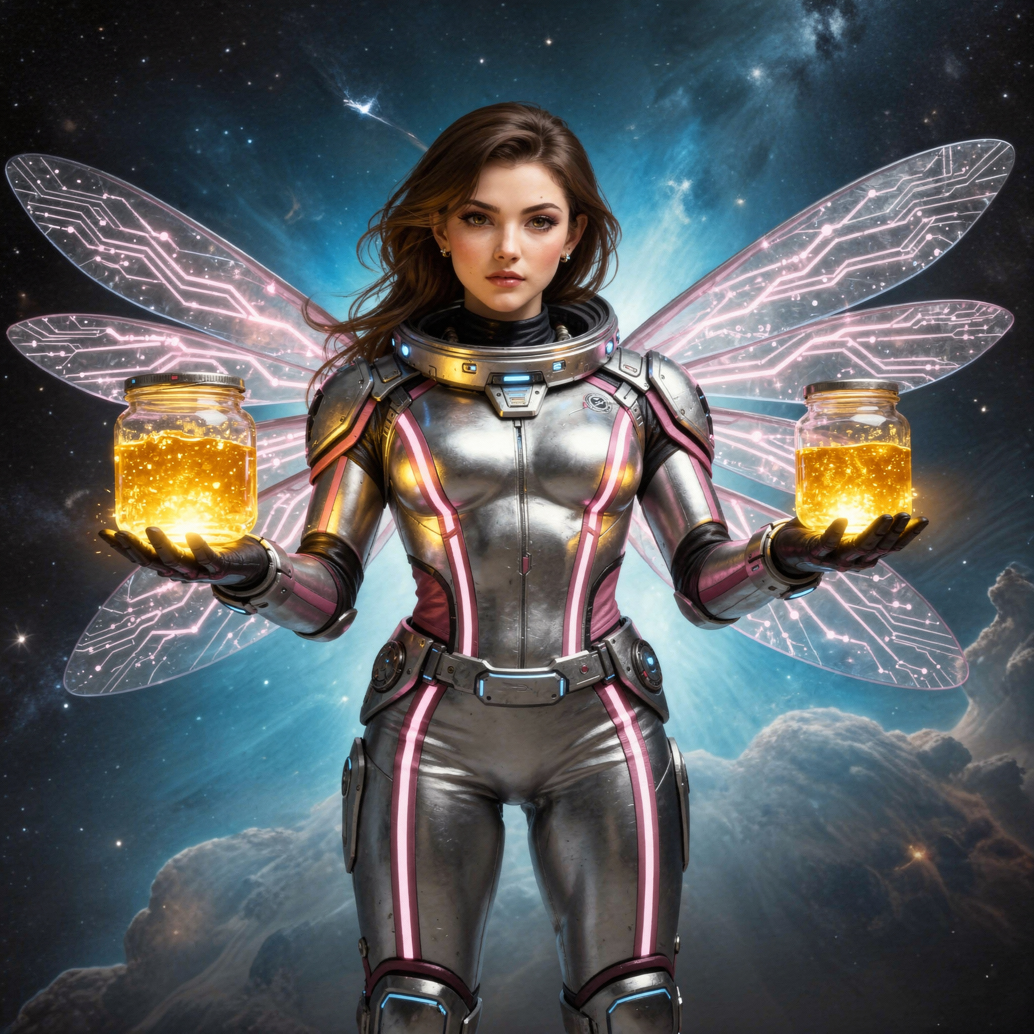 A woman dressed in a futuristic, armored suit with neon pink accents, holding two glowing jars of gold energy in her hands, with glowing fairy-like wings and a space background.