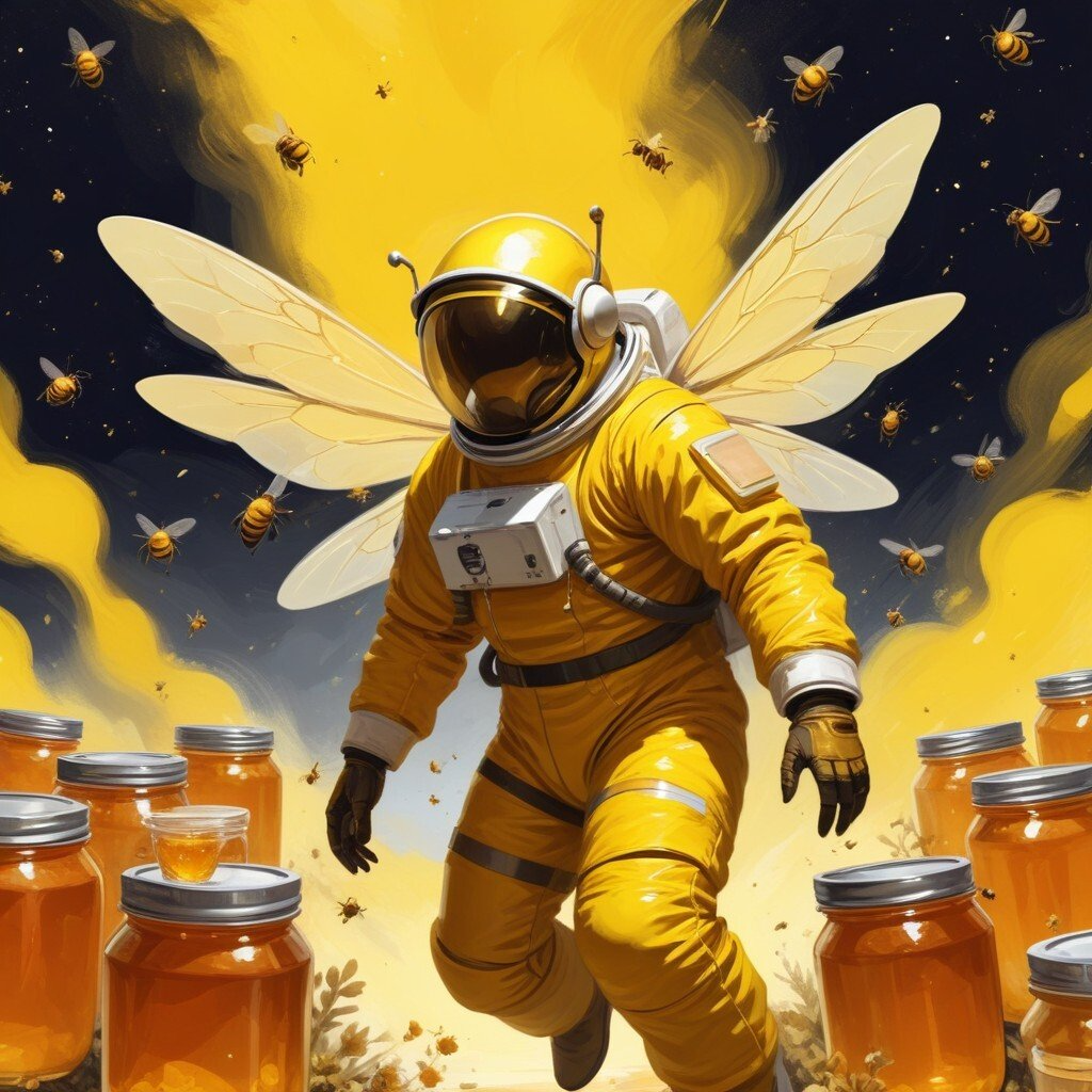 A person in a yellow spacesuit with bee wings flying among bees and honey jars, with a yellow and black background.