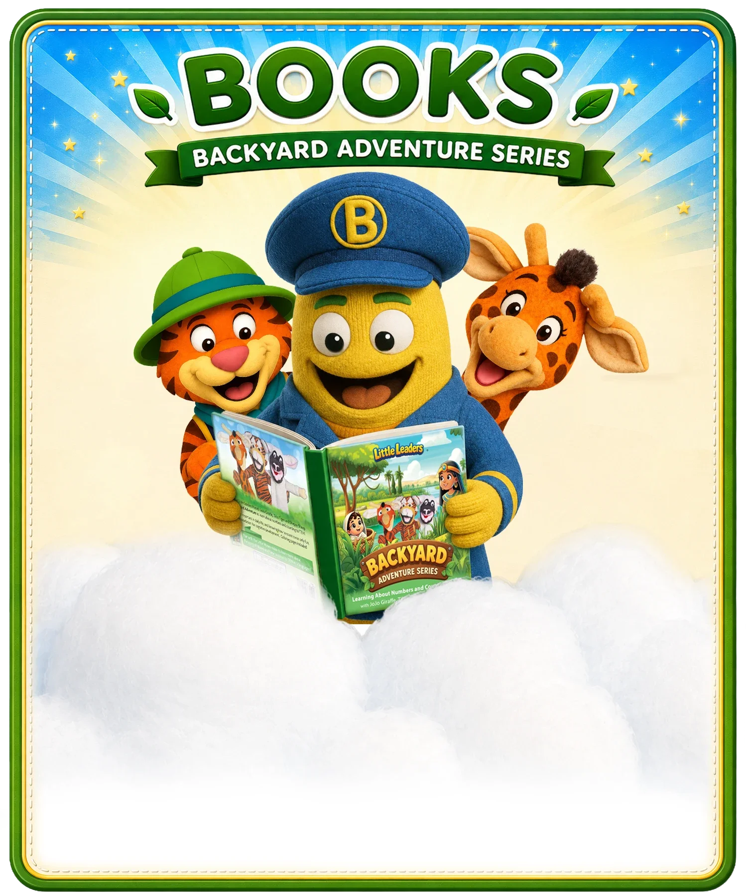 Captain B, Tibo Tiger, and JoJo Giraffe enjoying a Backyard Adventure Series book