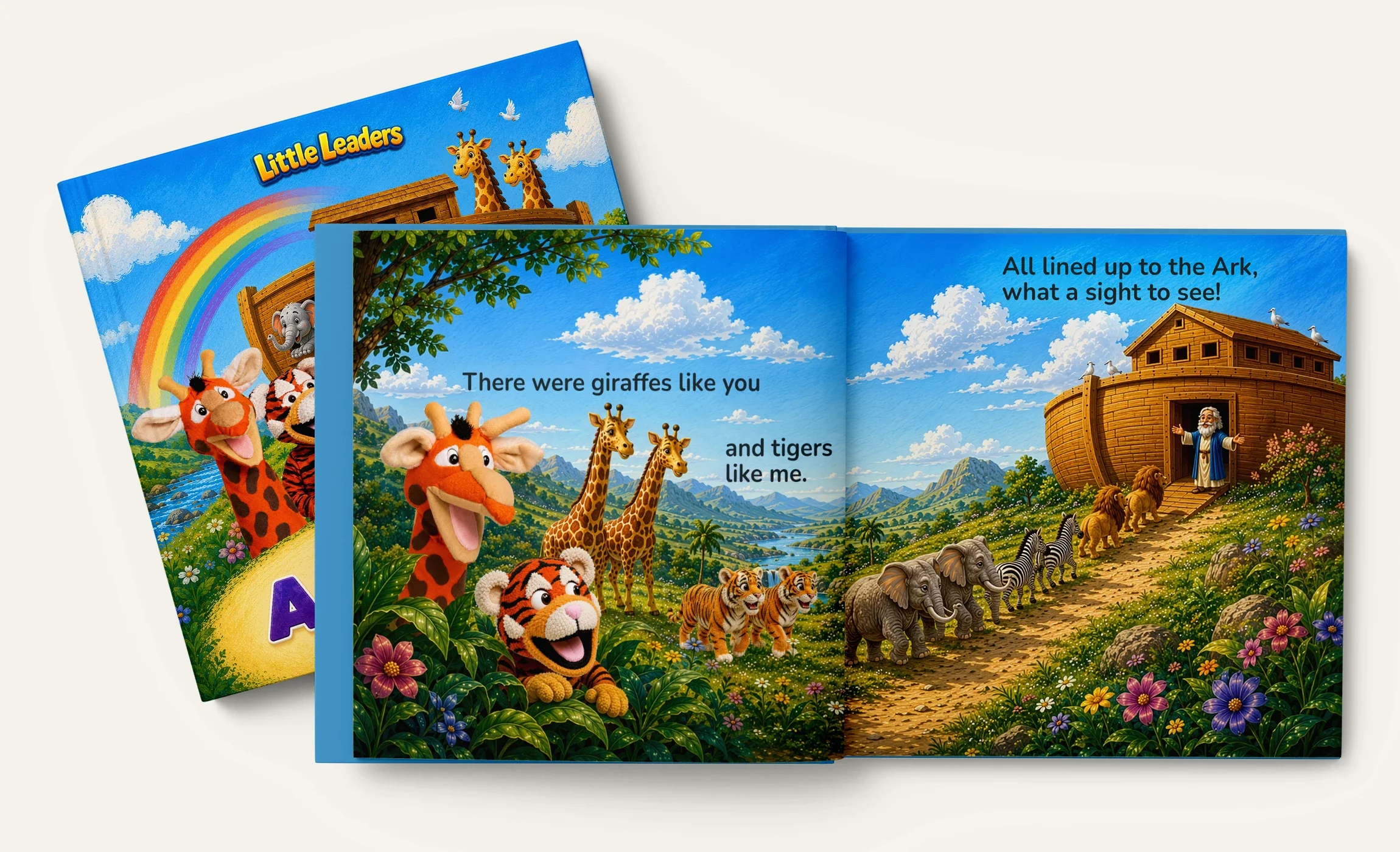 Open Little Leaders Backyard Adventure Series book showing Noah's Ark interior spread