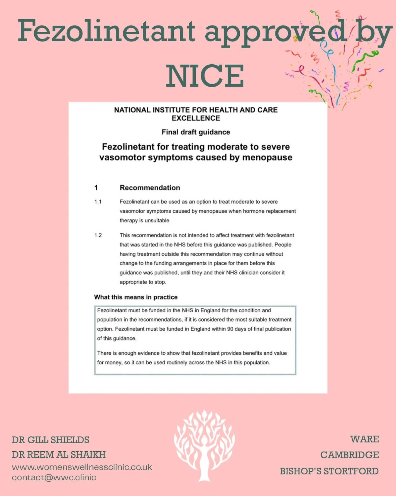 Big news for menopause care in the UK! 🎉

The first non-hormonal treatment for vasomotor symptoms (hot flushes and night sweats), fezolinetant, has now been approved by NICE.

This is a huge step forward for women who:
✨ Can&rsquo;t take hormone rep
