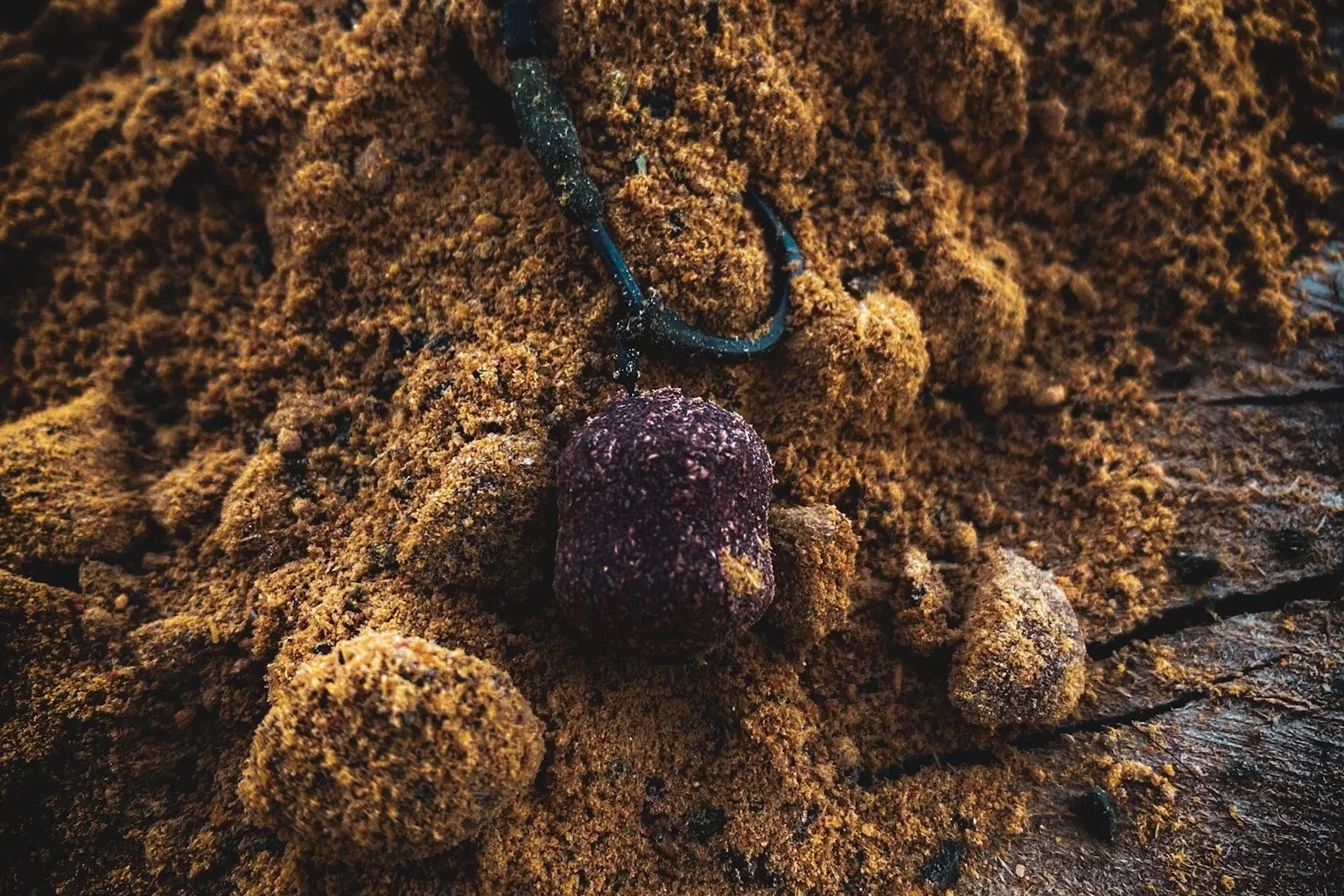 A small toy submarine is partially buried in brown soil next to a purple, textured object resembling a berry or seed.