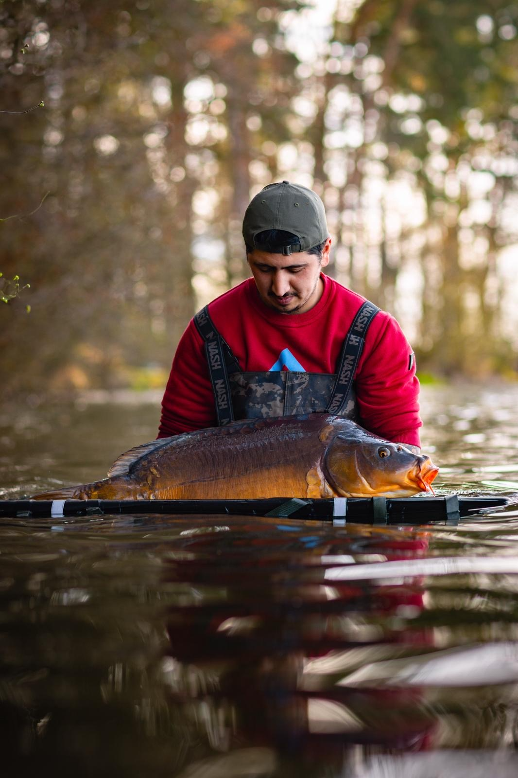 A man in a red shirt and black cap holding a large fish on a fishing board in a lake during daytime.