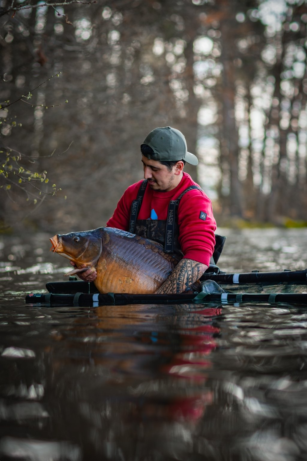 Man in a red hoodie and a backward cap holding a large fish in a water setting amidst trees.