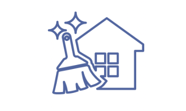 Line drawing of a house with a broom in front, suggesting cleaning or house cleaning.