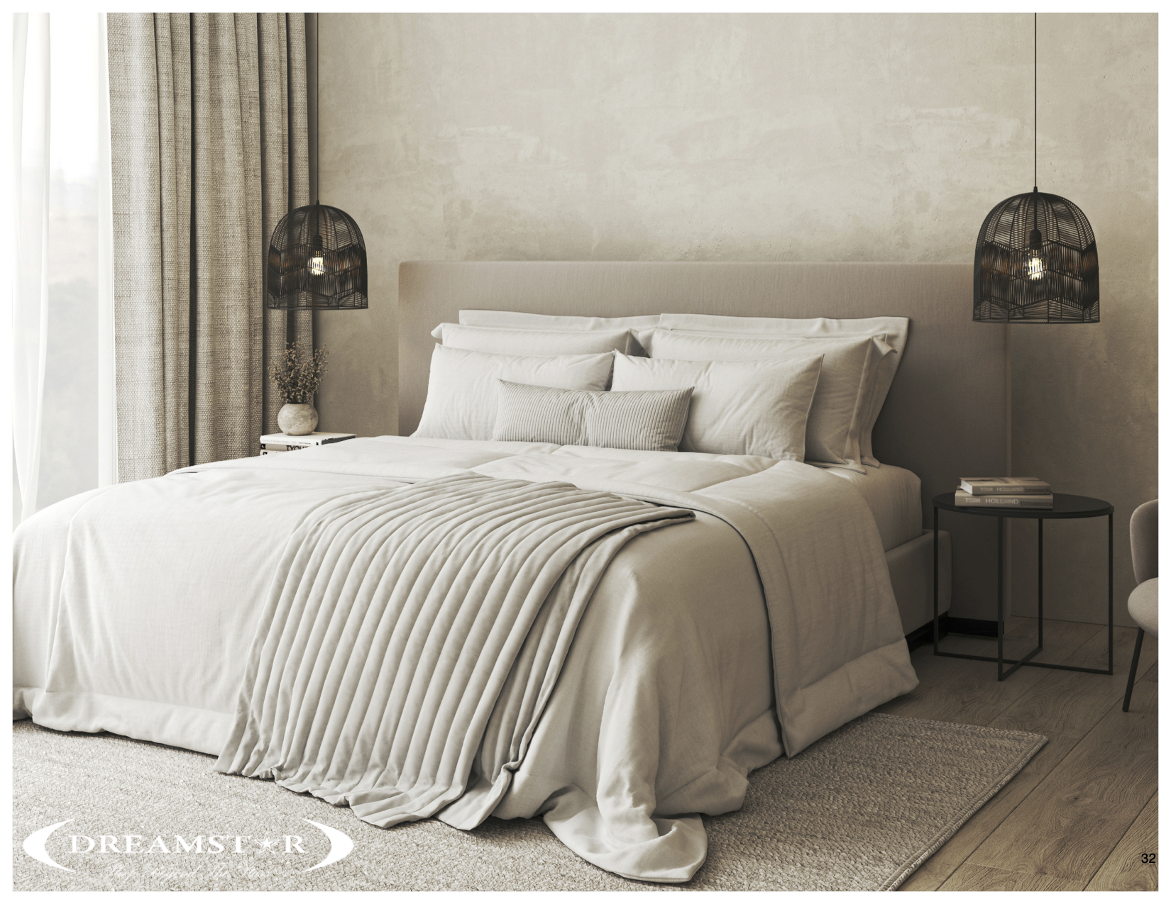 A taupe bed in a taupe room with black lamps.