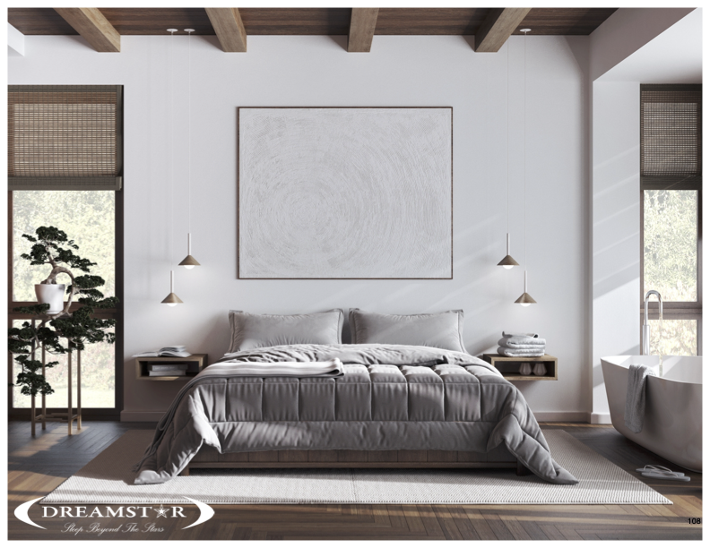 A grey bed in a grey room with windows overlooking greenery