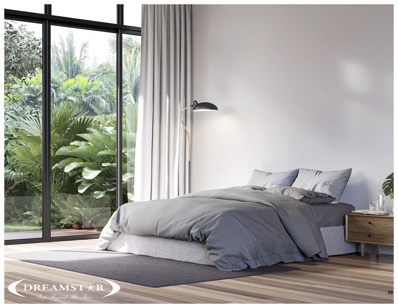 Grey bed in a white room with a window overlooking giant green plants