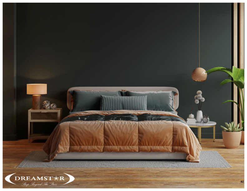 Green and orange bed in a green and orange room.