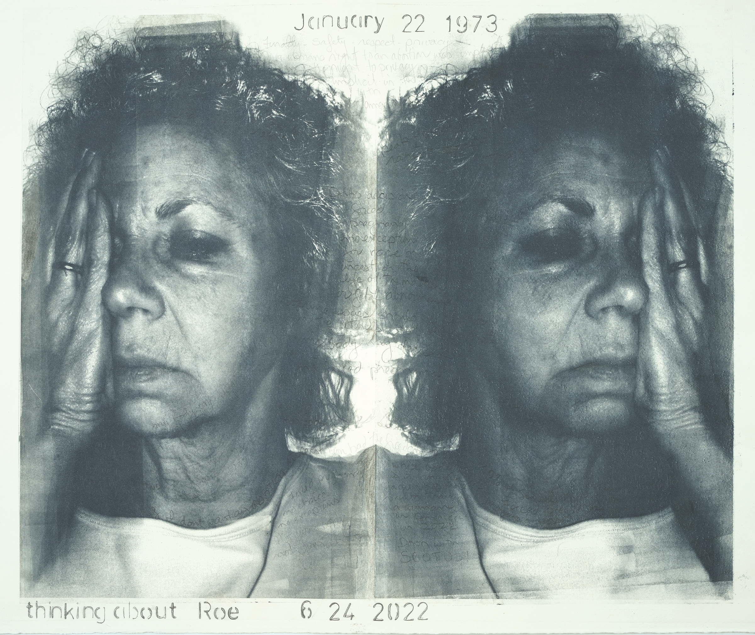 Thinking about Roe, monoprint with graphite and stenciled text, 21 x 25, $500.