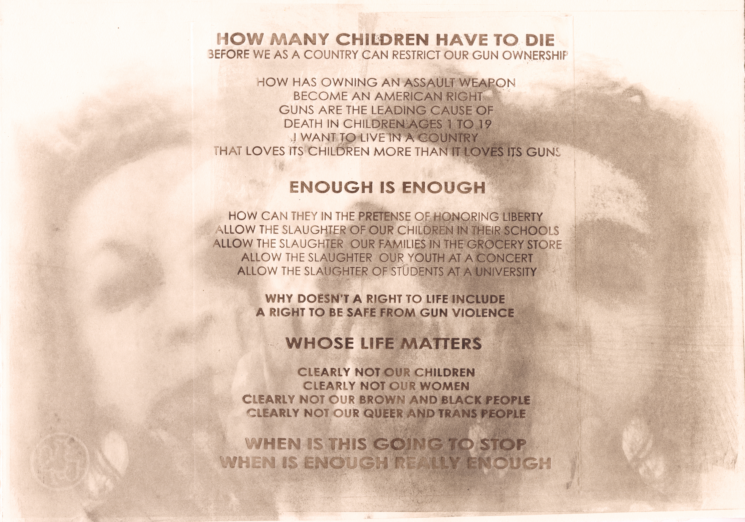 How Many Children Have to Die, monoprint with letter press, 19 x 23, $500