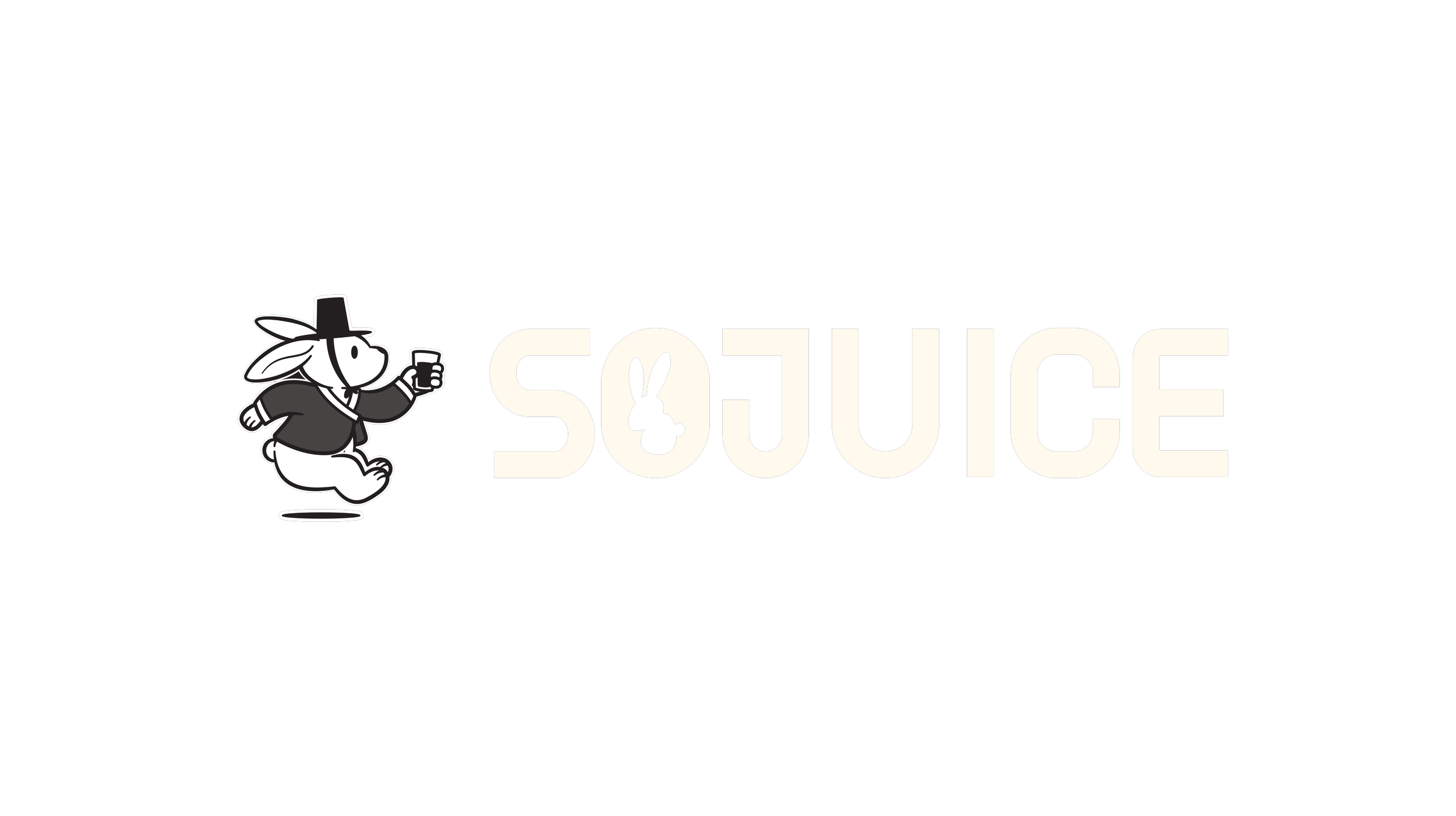 Logo with a rabbit dressed in a hoodie and holding a drink, with the word 'SOUICE' where the 'O' is stylized as a rabbit's face with ears, on a black background.