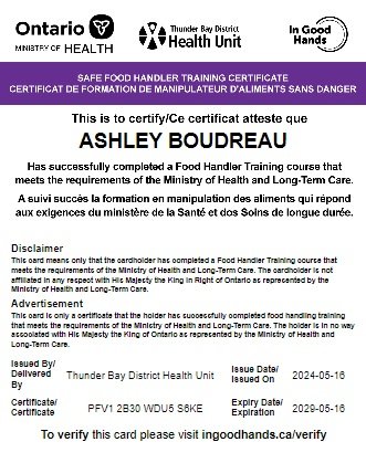 Ontario Ministry of Health food handler training certificate issued by Thunder Bay District Health Unit, certifying Ashley Boudreau. Valid until May 6, 2029. Contact: ingoodhands.ca/verify for verification. Bilingual in English and French.