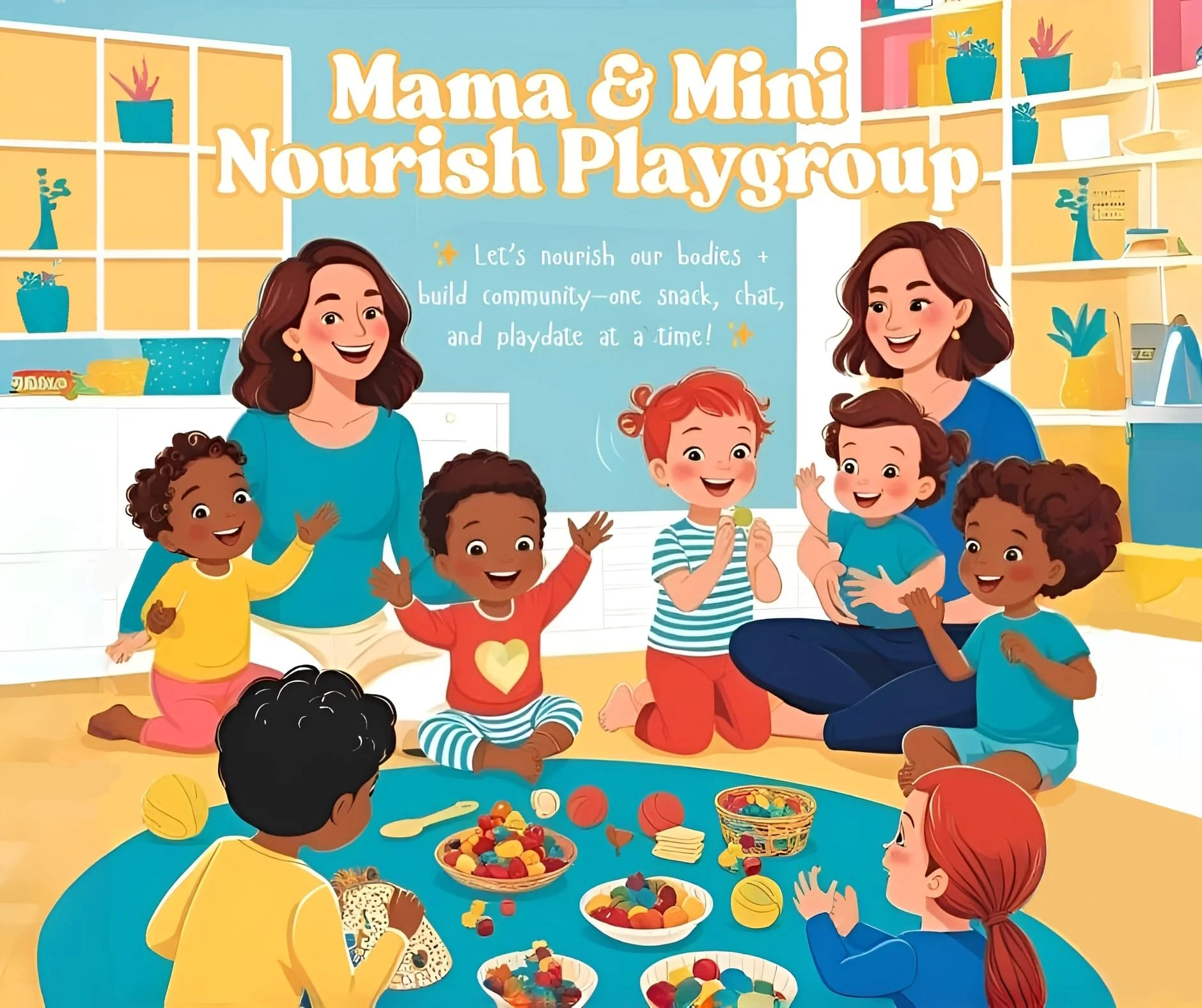 Illustration of a playgroup with children and two adults. The children are sitting on a blue rug, engaging with colorful toys and snacks. Books and plants are on shelves in the background. The text reads 'Mama & Mini Nourish Playgroup' with a message about community building and play.