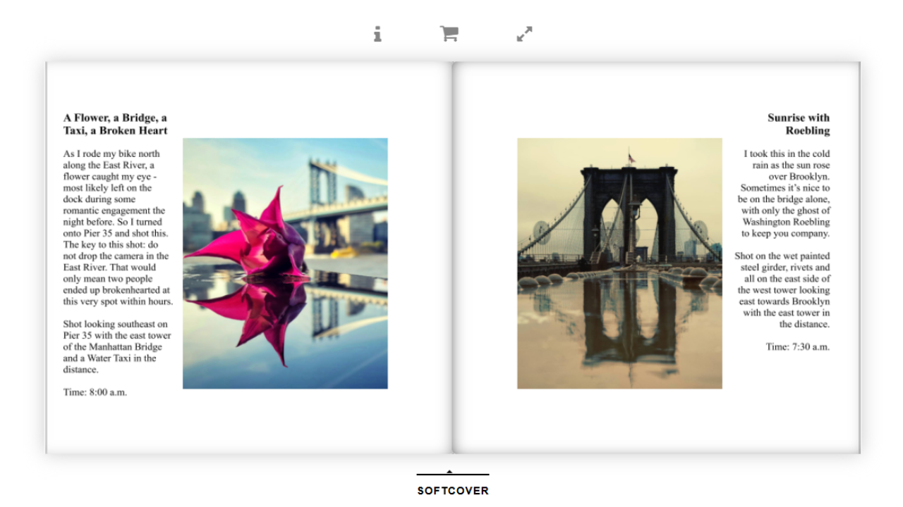 Open book with two pages, each containing a photograph of a bridge and descriptive text. The left photo shows Brooklyn Bridge with a pink flower reflection in water. The right photo shows Brooklyn Bridge at sunrise with reflective water and a cloudy sky.
