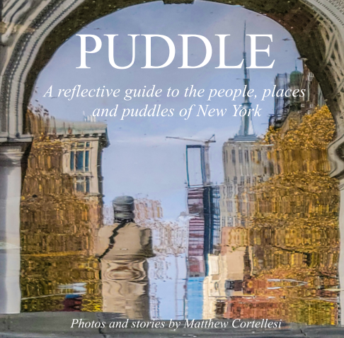 Book cover titled "PUDDLE: A reflective guide to the people, places, and puddles of New York" with a reflection of buildings and trees in a puddle on a city street.