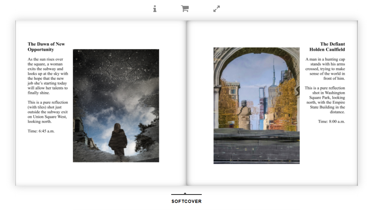 A two-page open book with text and images. The left page has a paragraph titled "The Dawn of New Opportunity" and a photo of a woman looking at the night sky filled with stars. The right page has a paragraph titled "The Defiant Holden Caulfield" and a photo of a cityscape seen through a decorative arch, with the Empire State Building in the distance.