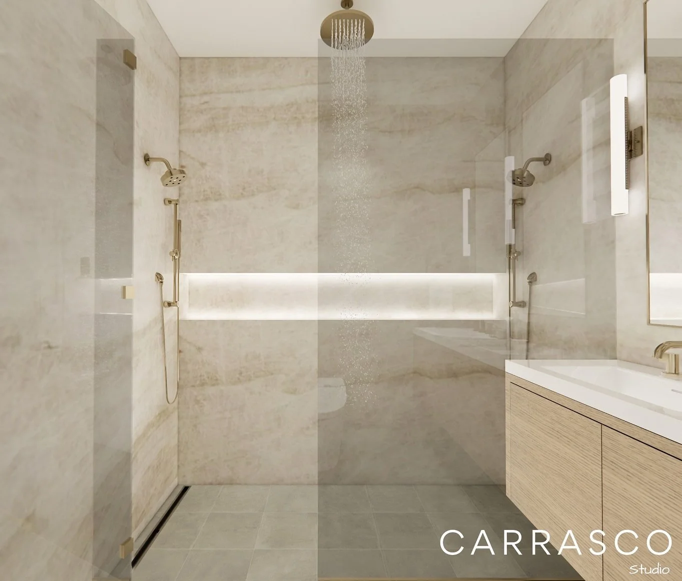 This one&rsquo;s all about the quiet luxury. Warm stone textures, brushed brass, and clean lines come together to create a space that feels calm, intentional, and elevated. Less is more especially when every detail is thoughtfully considered, even th