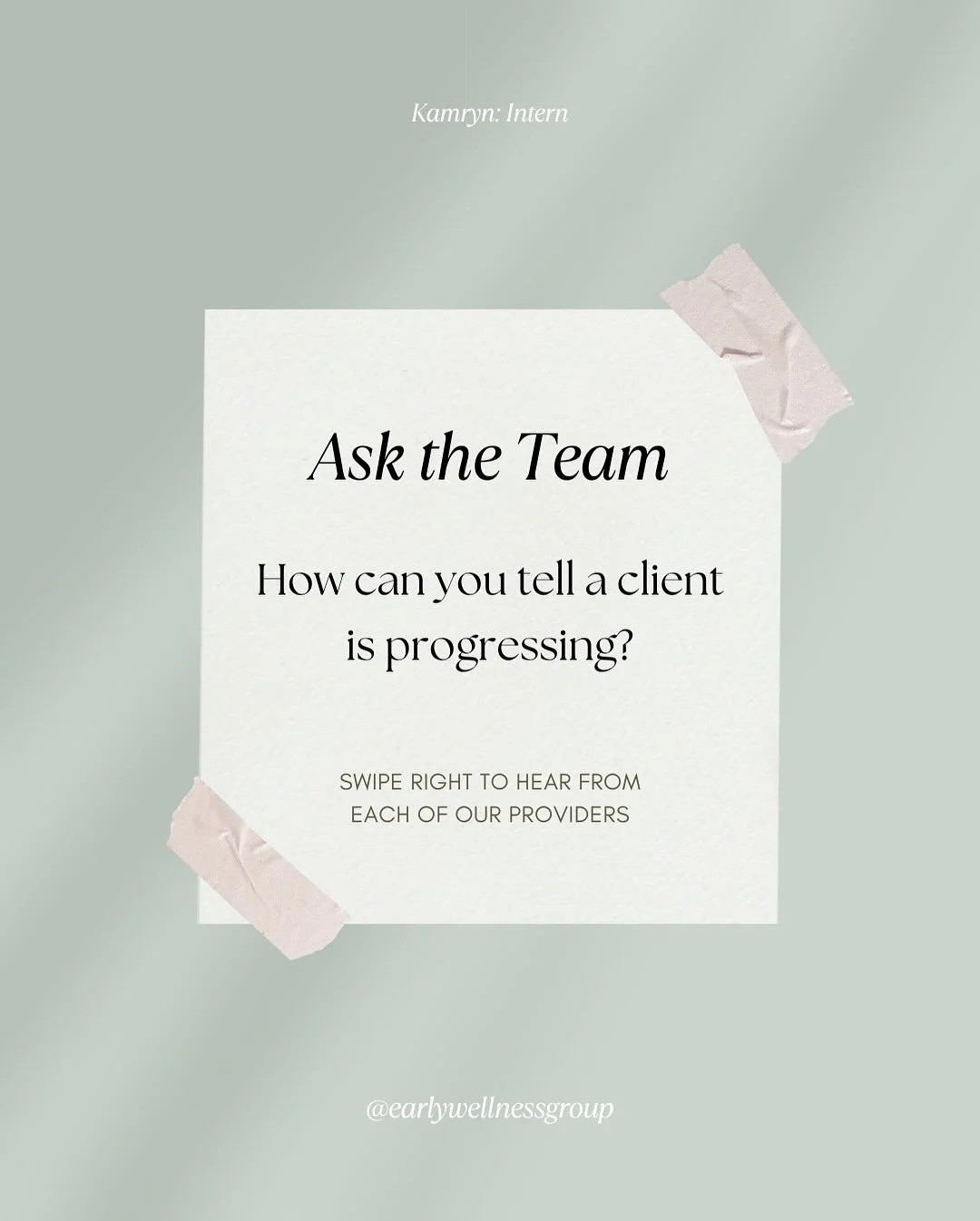 ✨Ask the Team✨

This week Kamryn wanted to know how we view progress, and the answer is it&rsquo;s different for everyone! 

Have any questions you&rsquo;d like us to answer? Leave a comment! 

#therapy #askatherapist #mentalhealth #grouppractice #pr