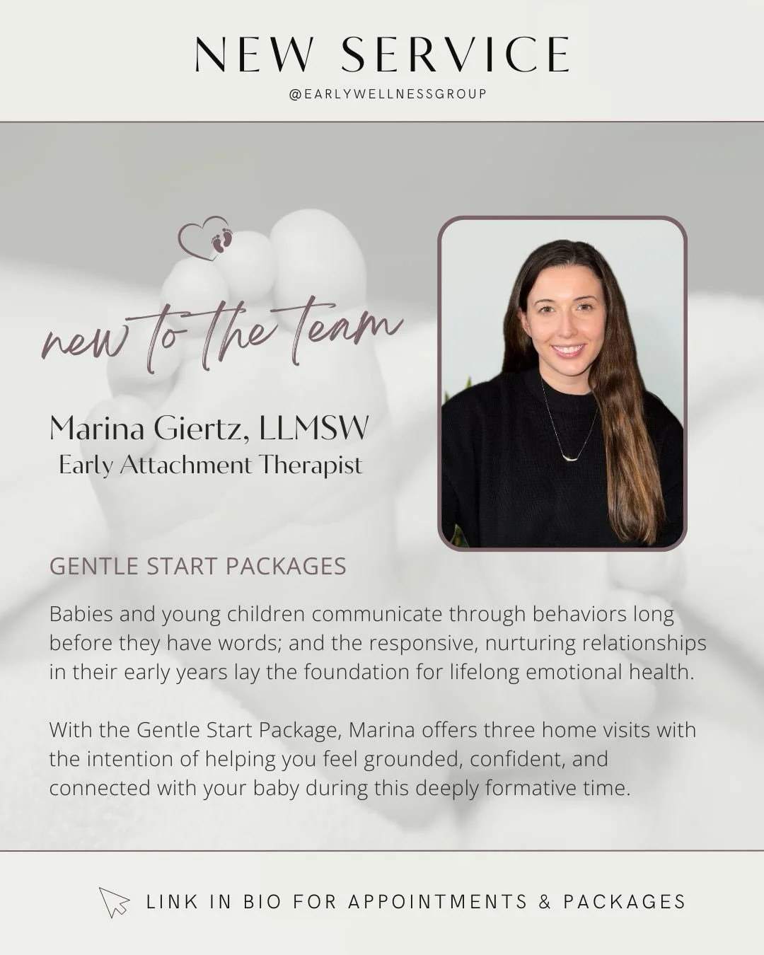 Please join us in welcoming Marina to the Early Wellness Group team, and introducing her new Gentle Start packages! 

Marina works through an attachment-based, relationship-focused lens; offering developmental guidance, play-based engagement, and emo