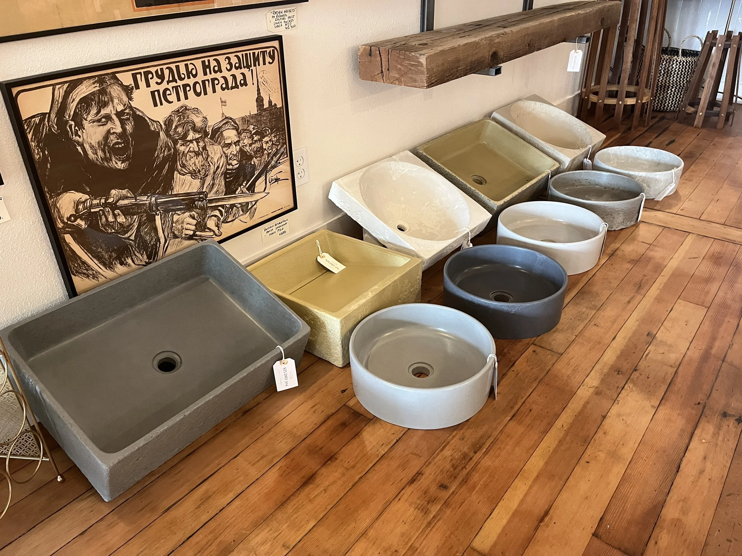 Custom Bradshaw Designs concrete sinks on display at Studio 304