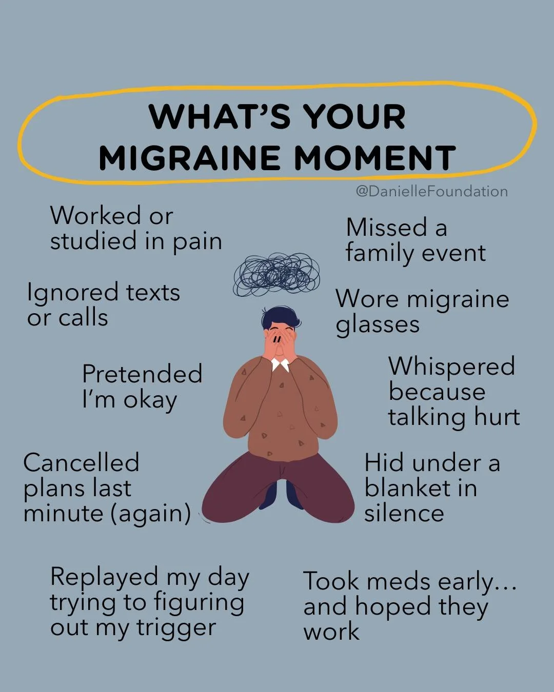 We all have migraine moments. The moments migraine quietly interrupts in our lives.
A plan, a conversation, your momentum, or your energy.

What was yours this week?

#migraine #chronicmigraine #migraineawareness