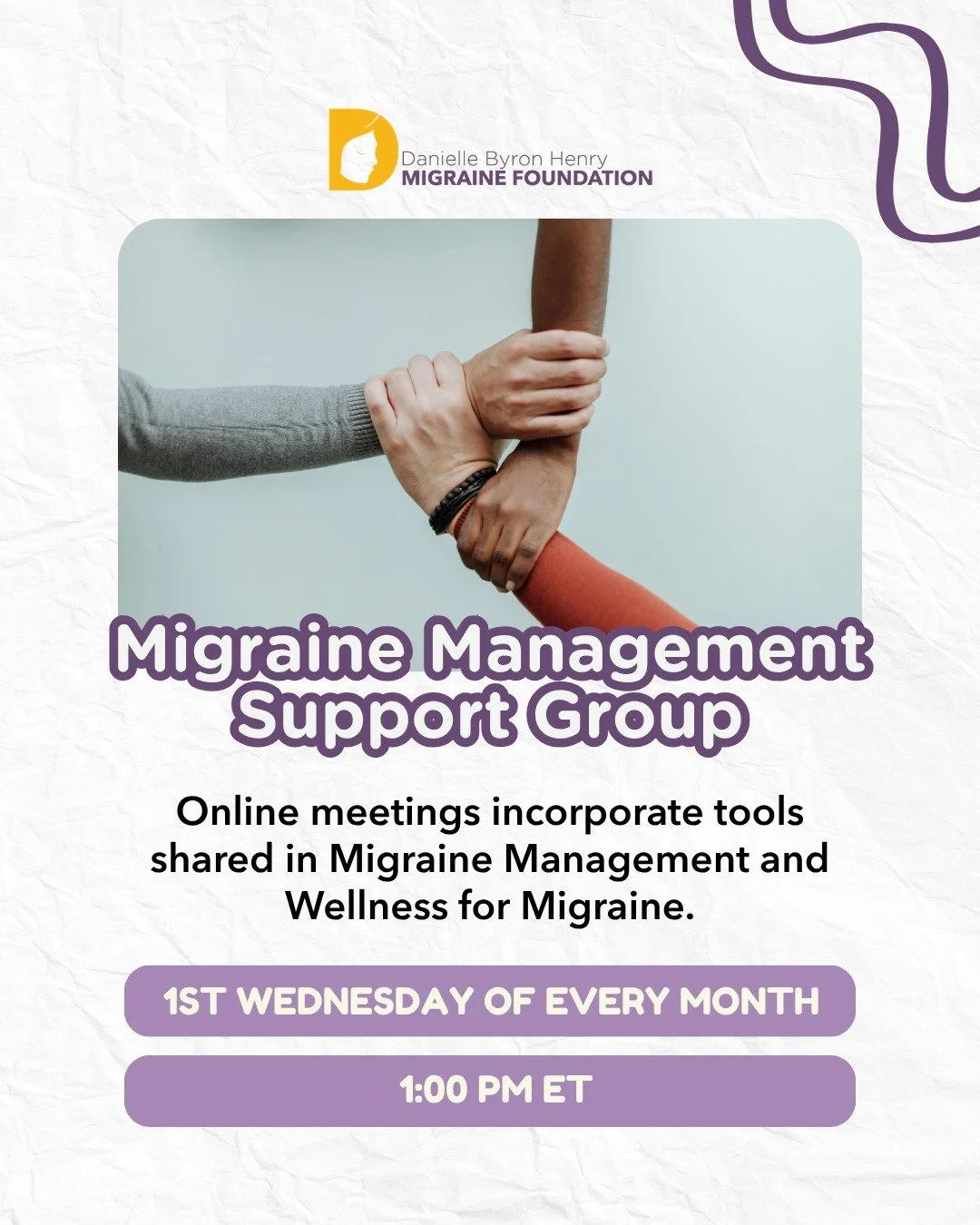 Migraine management can feel overwhelming, but you don&rsquo;t have to navigate it alone. 💜

Join the Migraine Management Support Group online on the first Wednesday of every month at 1 p.m. ET. Each meeting will incorporate tools shared in both our