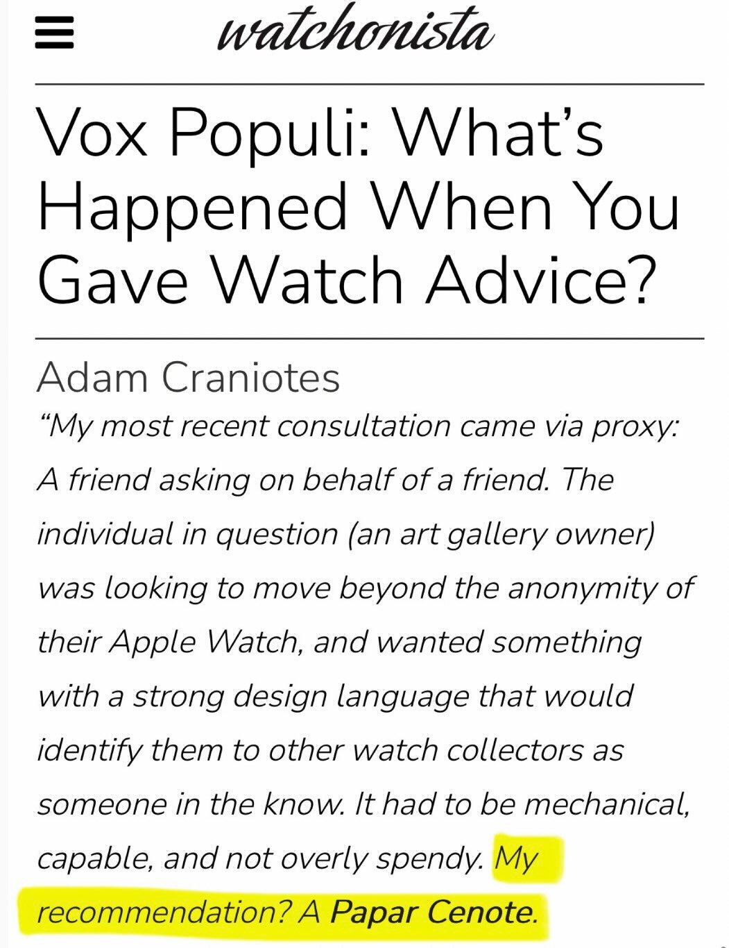 Thanks @craniotes for making the Papar Cenote your watch recommendation to @watchonista! Feels like the perfect time to share our favorite photo of you wearing the Cenote. 😉
