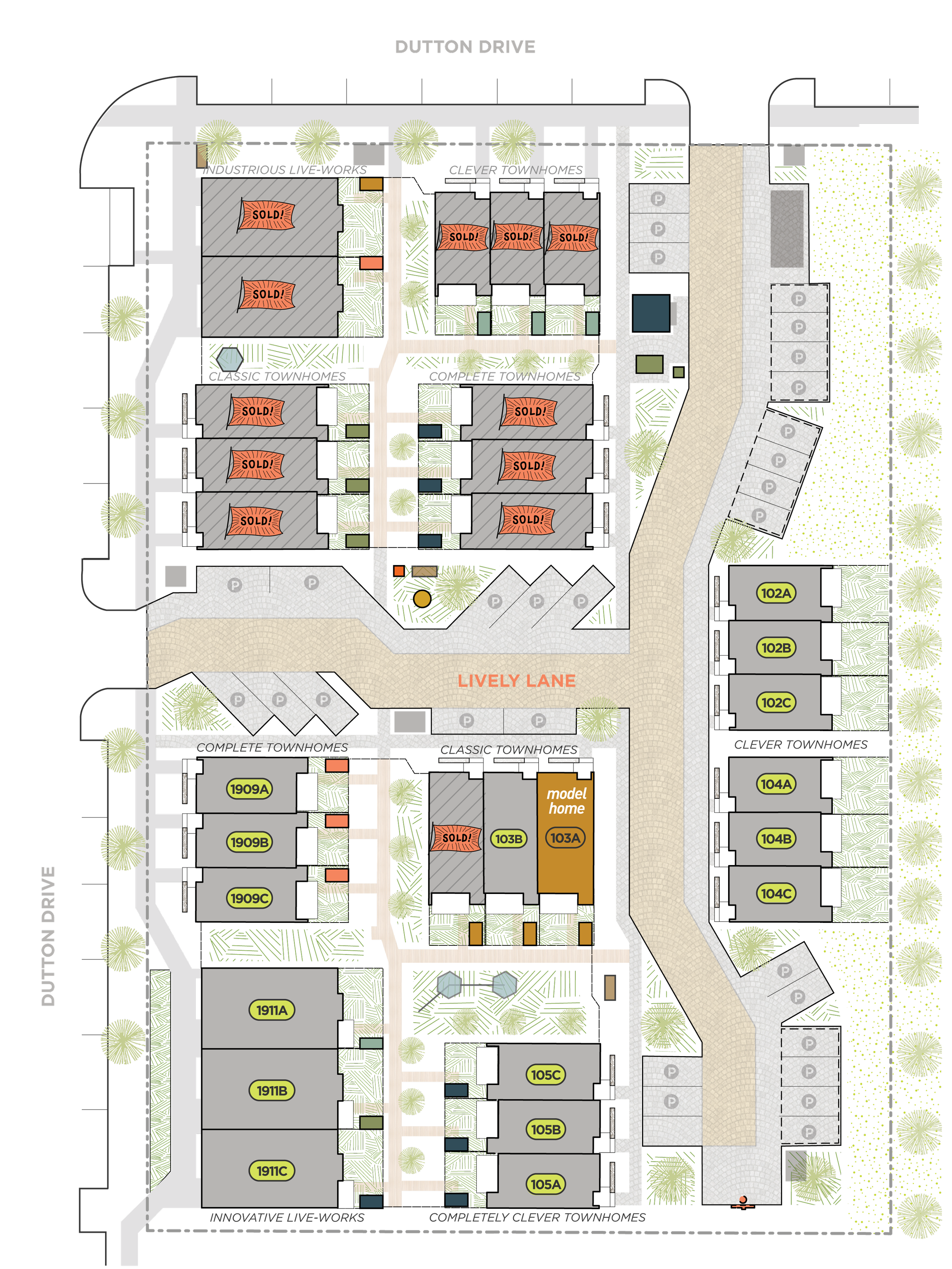 A detailed site plan of a residential development with labeled townhomes, pools, and amenities, streets, green areas, and marked sold units.