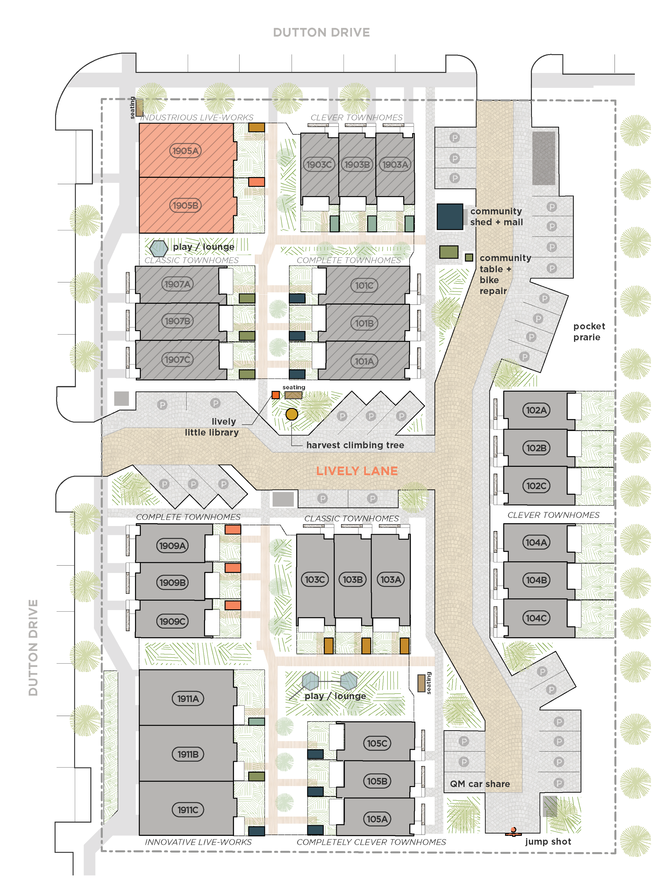 Site plan showing layout of townhomes and live-work spaces on Dutton Drive and along Lively Lane, with Industrious live-work townhomes highlighted, with designated parking, greenery, shared pathways, community shed, and basketball half-court.