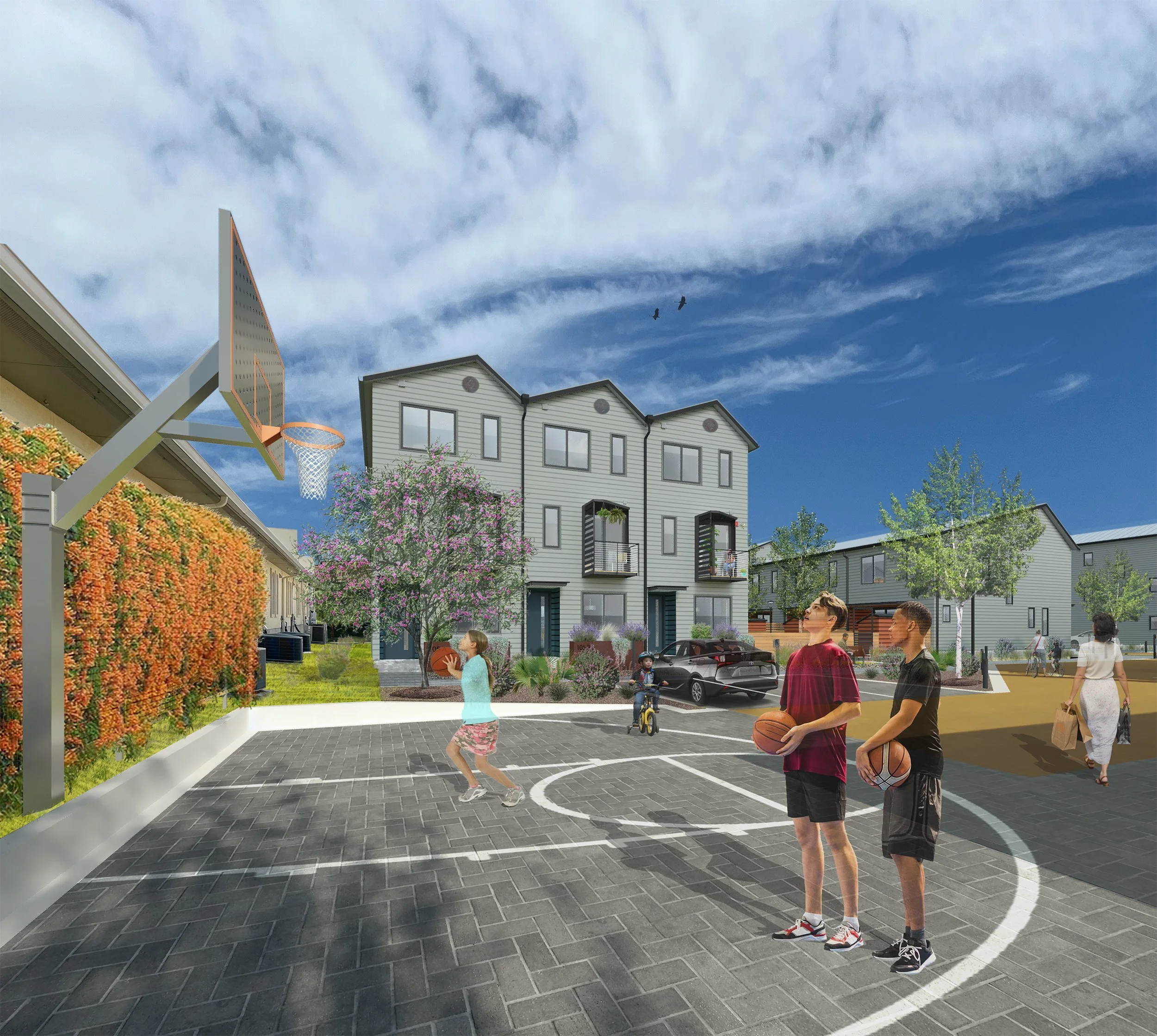 Rendering of the Basketball half-court at the end of the living street Lively lane with children at play.