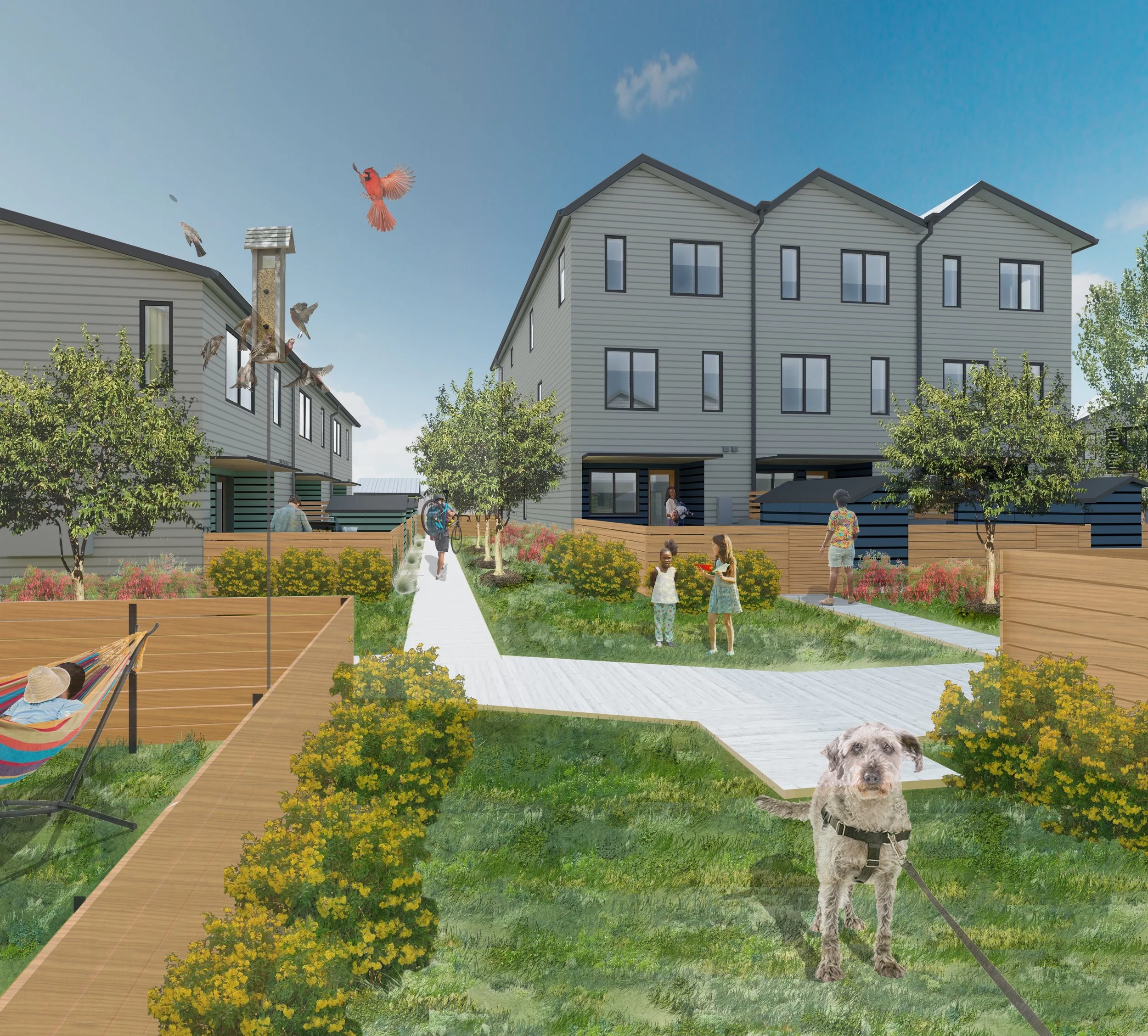 Rendering of the common garden at Lively Lane with a dog relaxing, a cardinal using a bird feeder, a man leaving with his bike, and children at play under adult supevision.