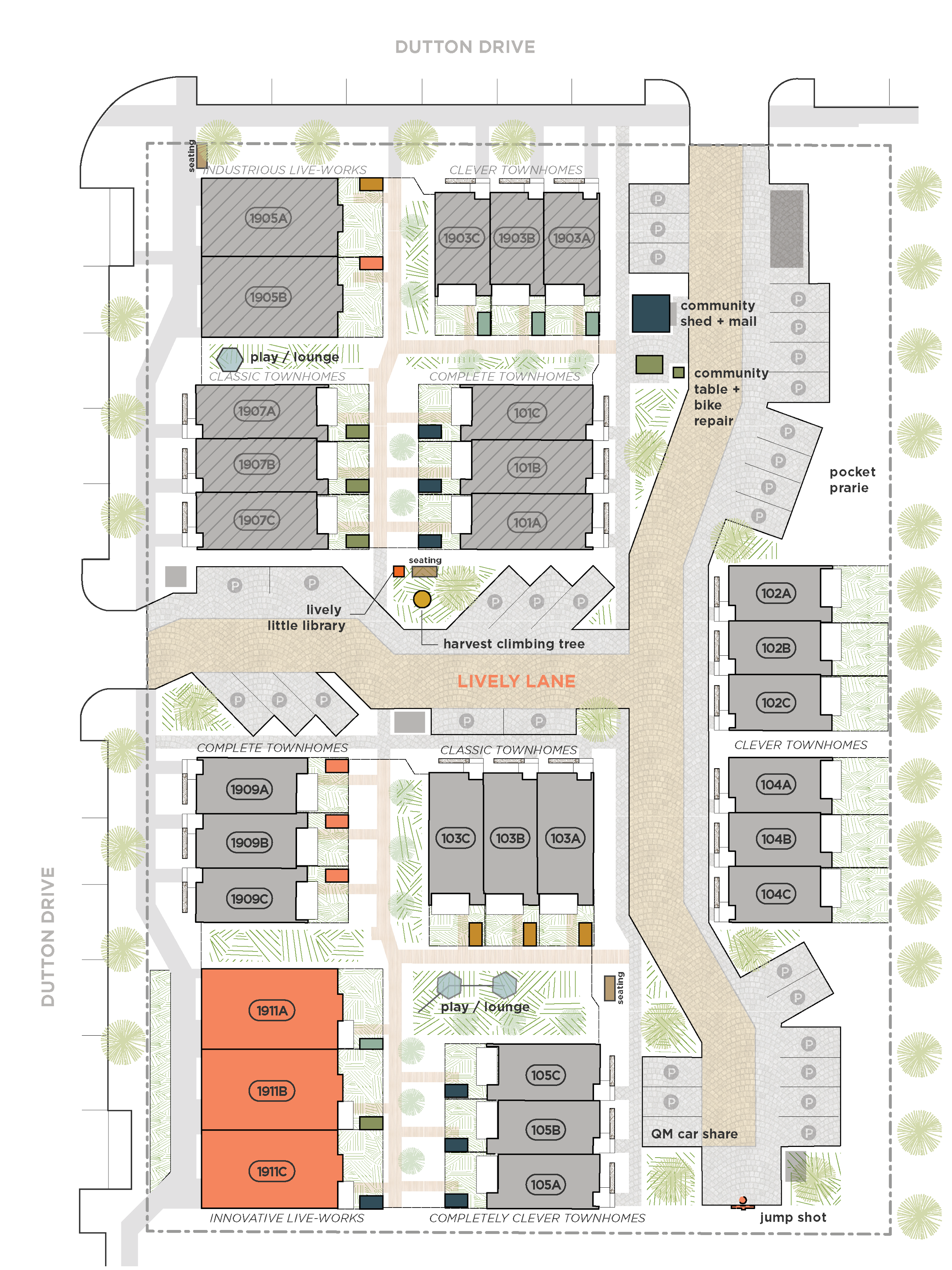 Site plan showing layout of townhomes and live-work spaces on Dutton Drive and along Lively Lane, with Innovative live-work townhomes highlighted, with designated parking, greenery, shared pathways, community shed, and basketball half-court.