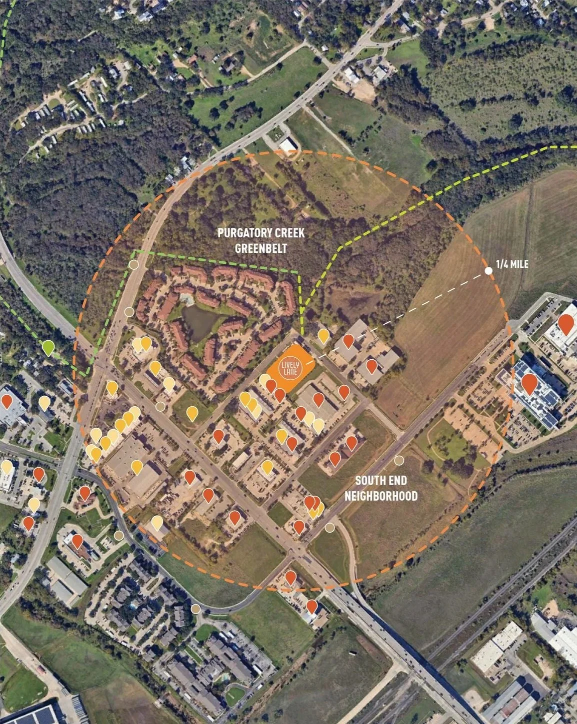 San Marcos South End Map with Lively Lane highlighted and map markers for all the local cuisines, shops, gyms, and more.