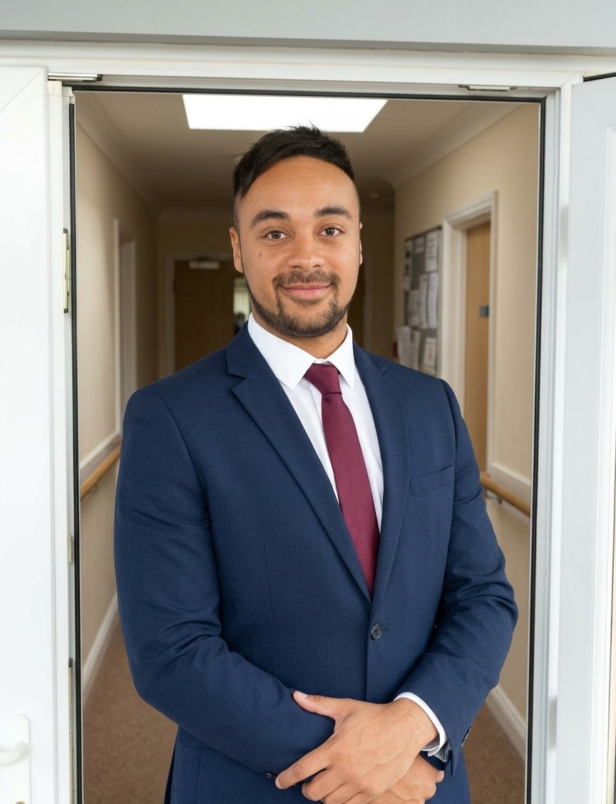A man in a dark blue suit with a maroon tie and white dress shirt standing in front of an open doorway, smiling.