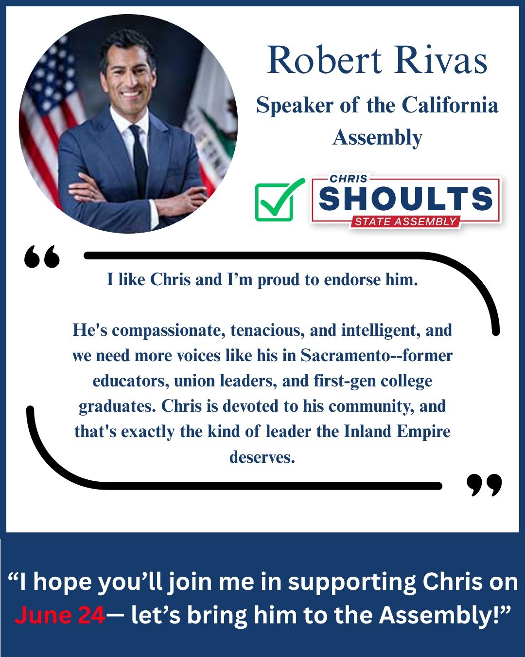 Honored to have Assembly Speaker Rivas' endorsement. It is yet another testament to the fact I am the only candidate in the #AD63 race who has real capacity to build effective coalitions, deliver innovative policy solutions, and return state-level re