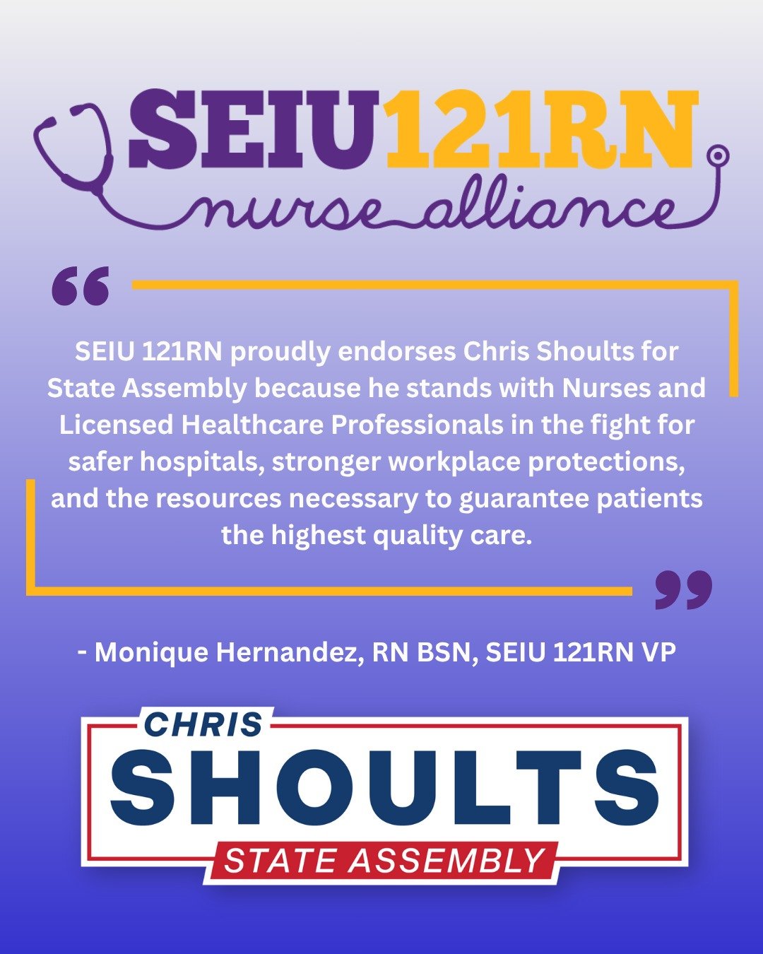 While we can all agree quality patient care is essential, there's work to be done and strong voices of advocacy required to achieve it across the board. I appreciate SEIU 121RN's vote of confidence in me as part of that mission.
#QualityCareForAll
#