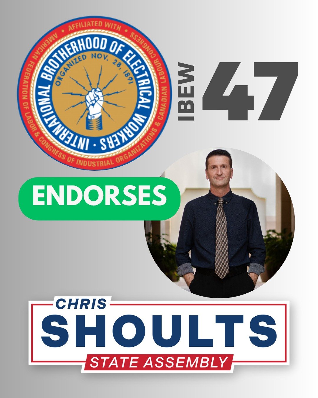 Much appreciation and respect for the vote of confidence from IBEW 47, whose highly skilled, trained members are on the frontlines of keeping the power on for the rest of us--every day, rain or shine.
#shoultsforassembly
#2025specialelection
#ibew47